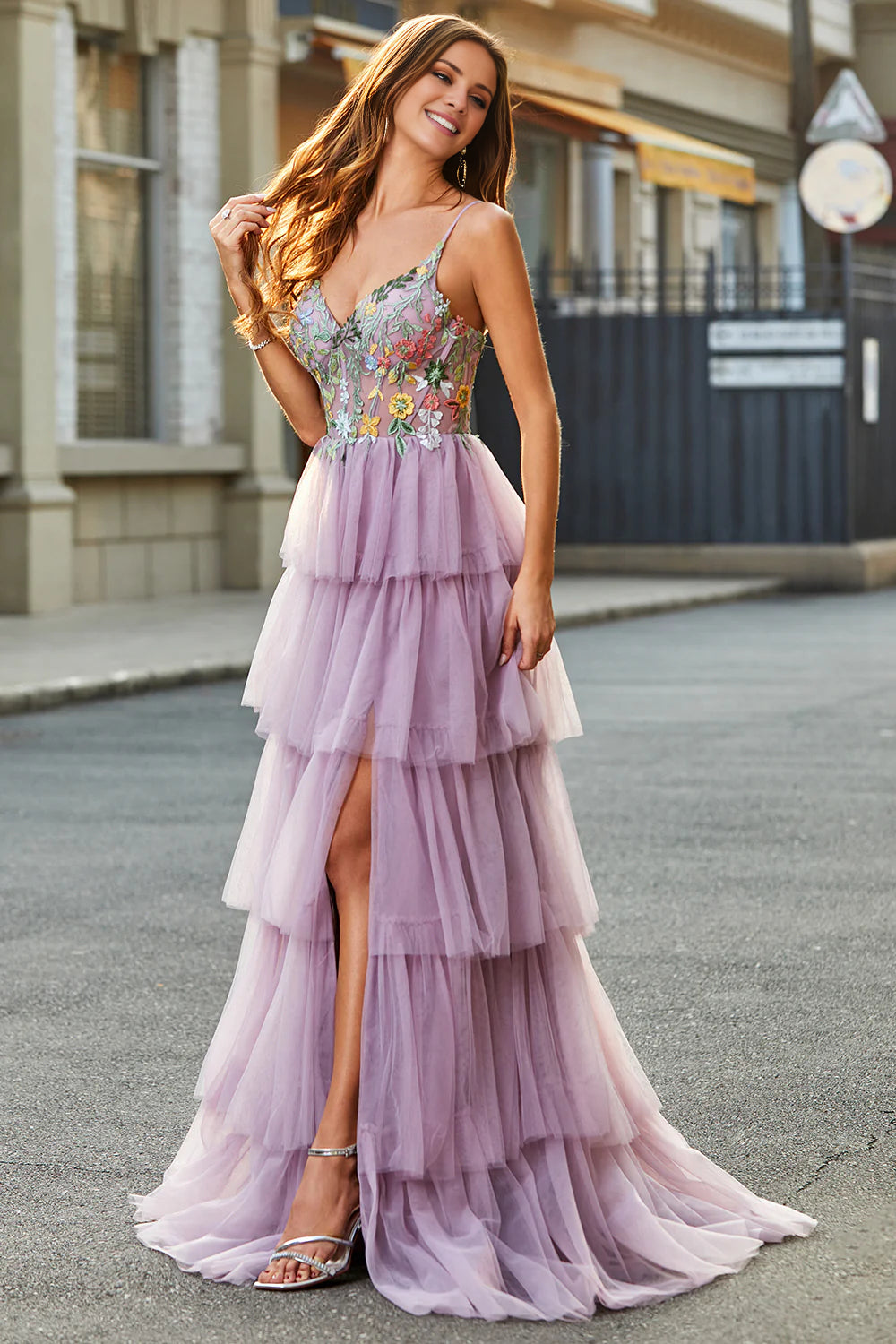 fitted prom dressesA-Line Tulle Long Corset Tiered Mauve Prom Dress With Appliques